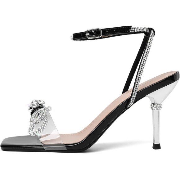 Women's Black+bl Closed Toe Rhinestone Wedding Low Slingback Clear Kitten Heels - Picture 8 of 9